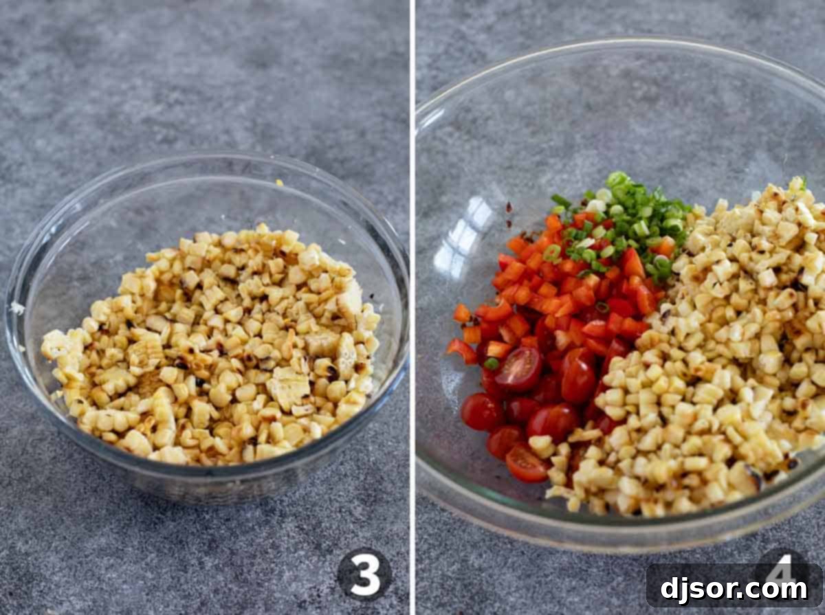Grilled corn kernels cut off the cob and placed in a bowl, with various fresh salad ingredients like bell peppers, tomatoes, and green onions nearby, ready for mixing.