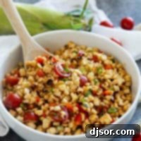 A bowl of grilled corn salad with tomatoes, bell pepper, and green onions in a white bowl.