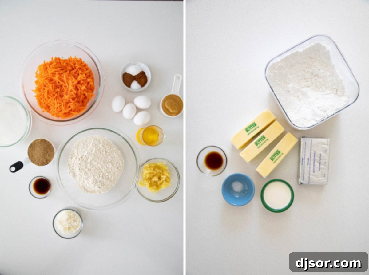 A collection of fresh ingredients laid out, including eggs, vegetable oil, applesauce, sugars, a can of crushed pineapple, vanilla, flour, spices, baking soda, salt, and freshly grated carrots, ready for making a homemade carrot cake and cream cheese frosting.