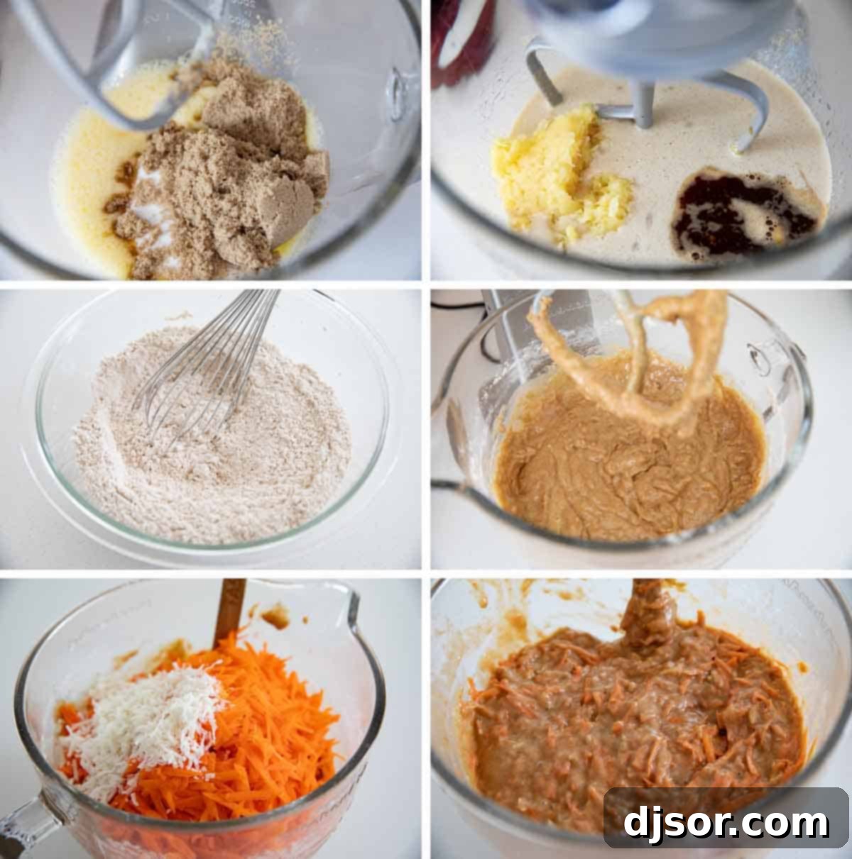 A visual guide showing the steps of preparing carrot cake batter: combining wet ingredients, mixing dry ingredients, then gently folding in grated carrots and coconut.