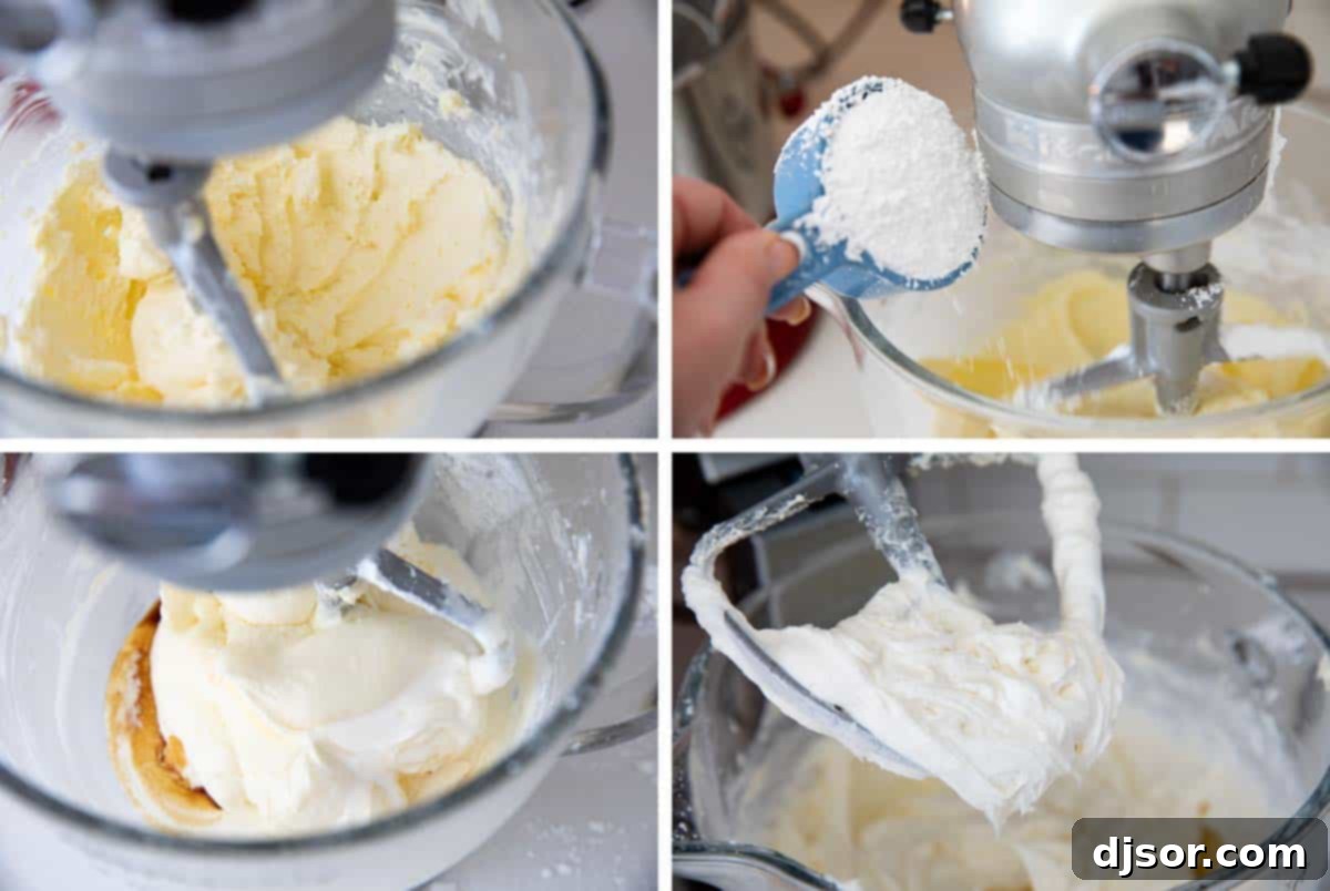 Steps for making creamy cream cheese frosting, showing softened butter, cream cheese, powdered sugar, and liquid being combined and whipped to a smooth consistency.