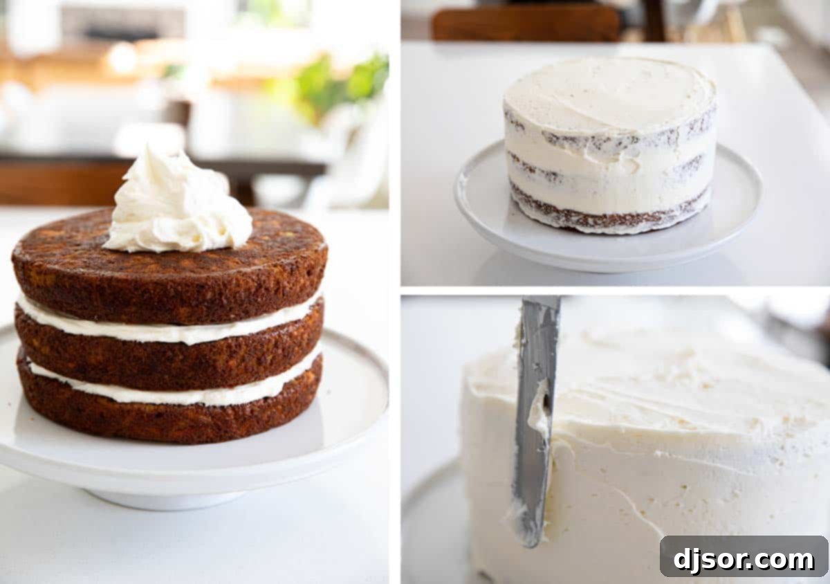 A baker frosting a three-layer carrot cake with smooth cream cheese frosting, demonstrating the crumb coat technique for a professional finish.