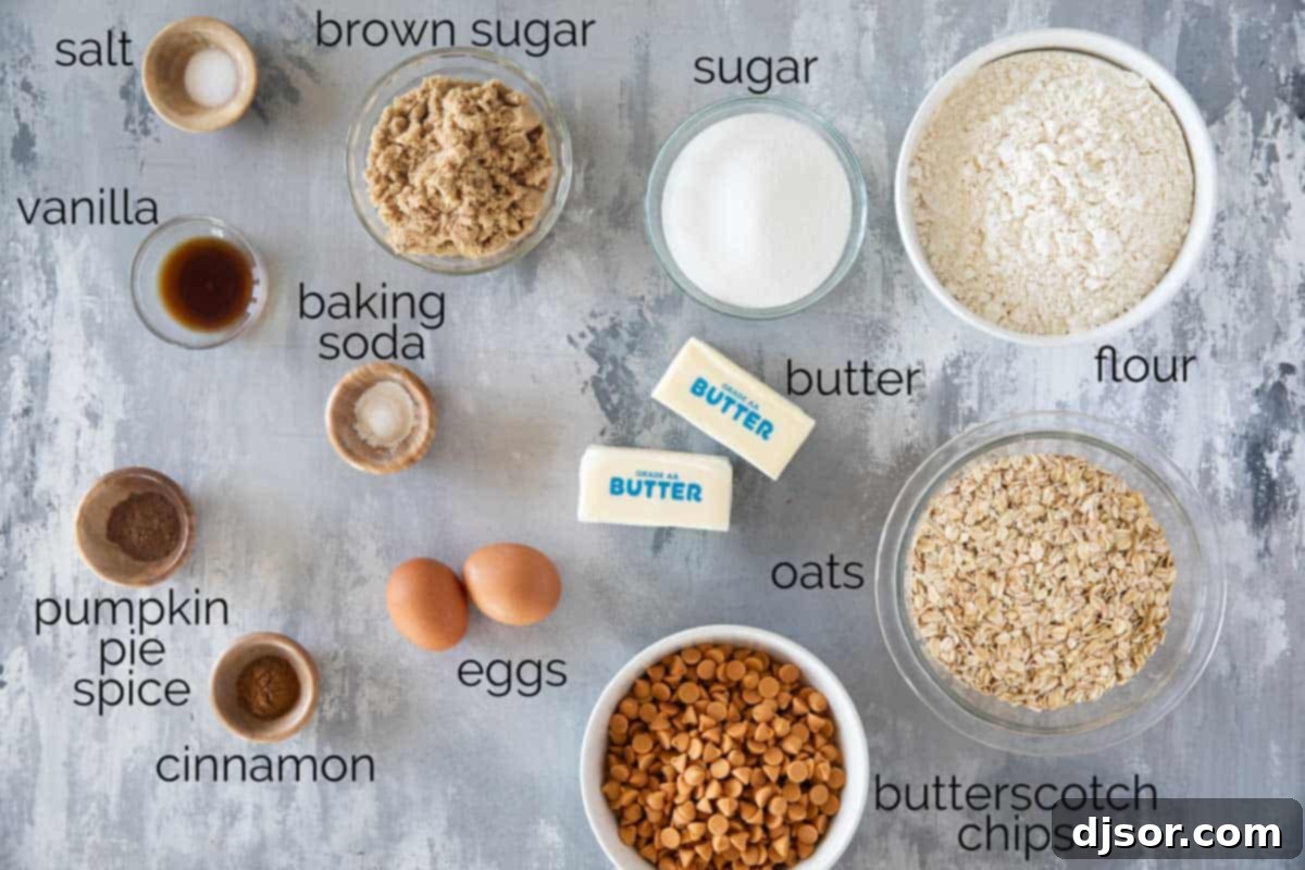 Various ingredients laid out on a clean surface, including butter, sugars, eggs, flour, oats, butterscotch chips, and spices, ready to make Oatmeal Scotchies.