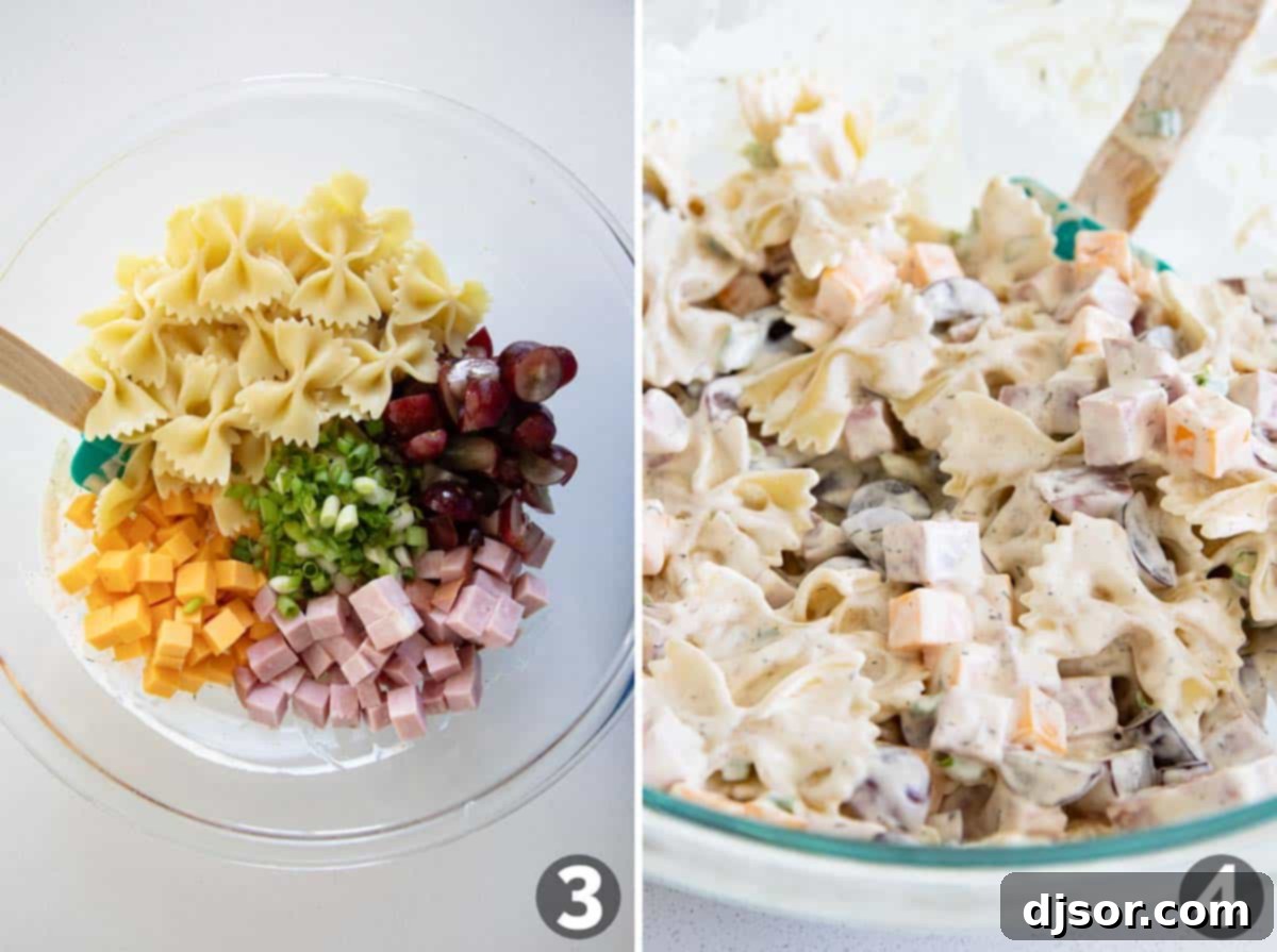 Mixing ingredients for Bow Tie Pasta Salad.