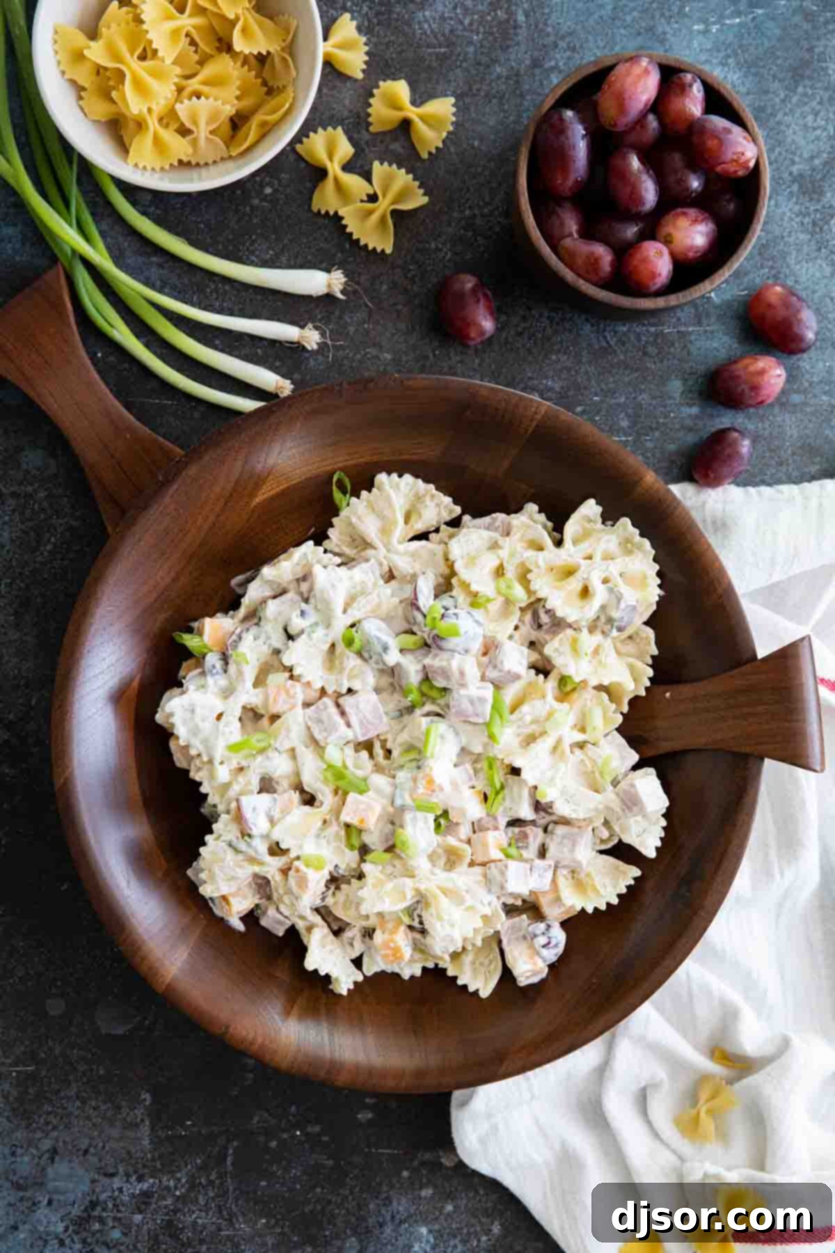 overhead view of bow tie pasta salad