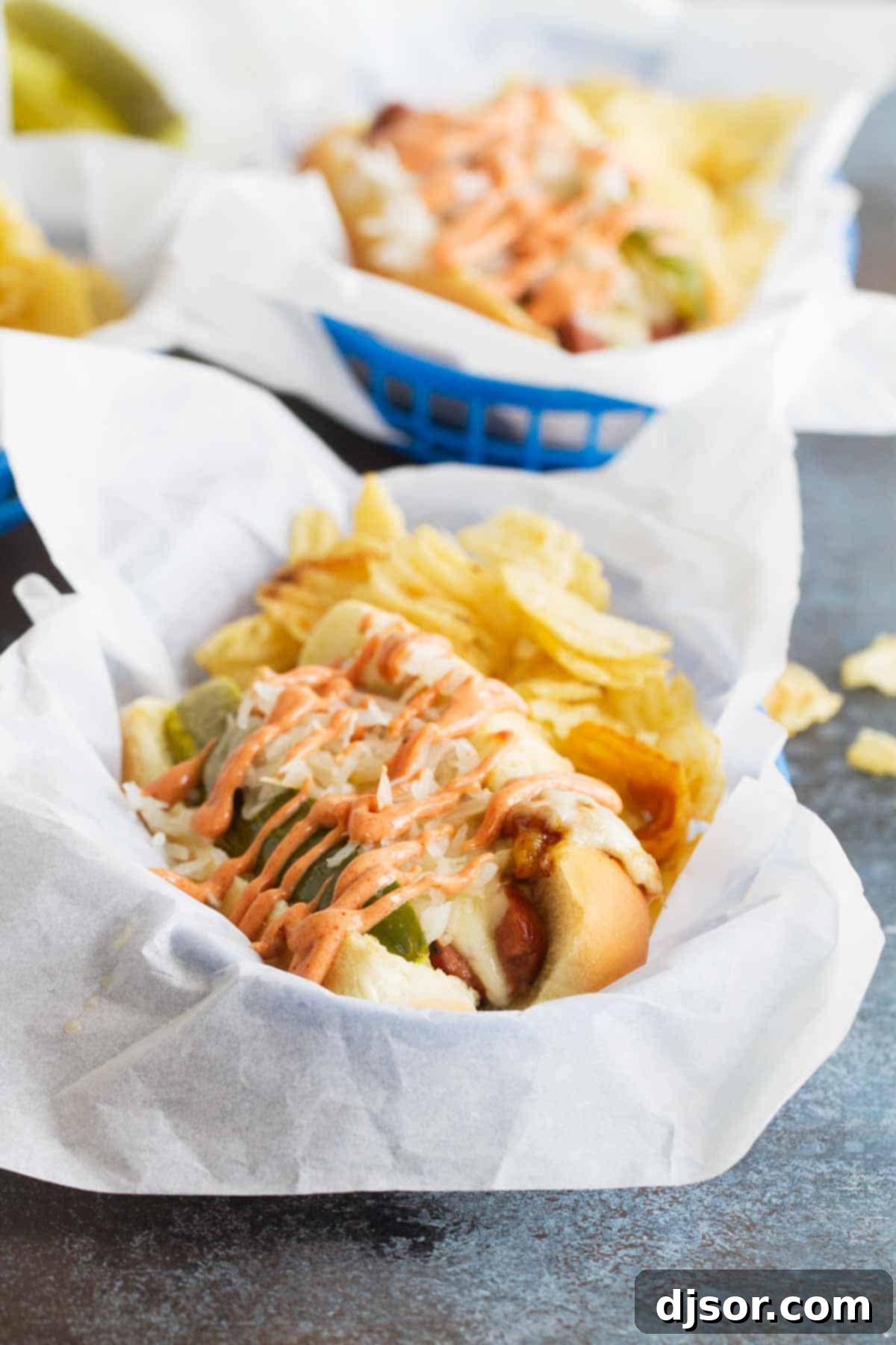 Reuben Hot Dogs with sauerkraut, pickles and Russian Dressing