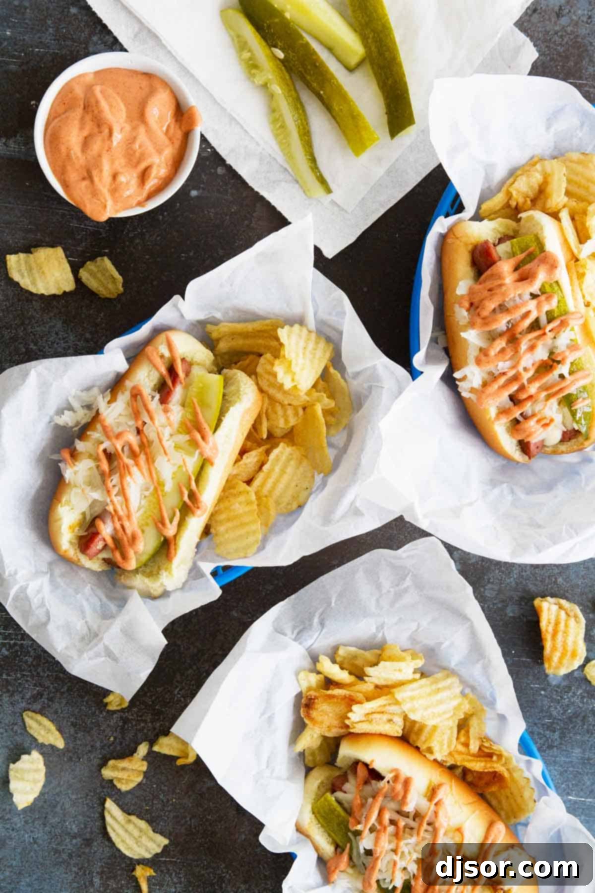 Reuben hot dogs in baskets with potato chips