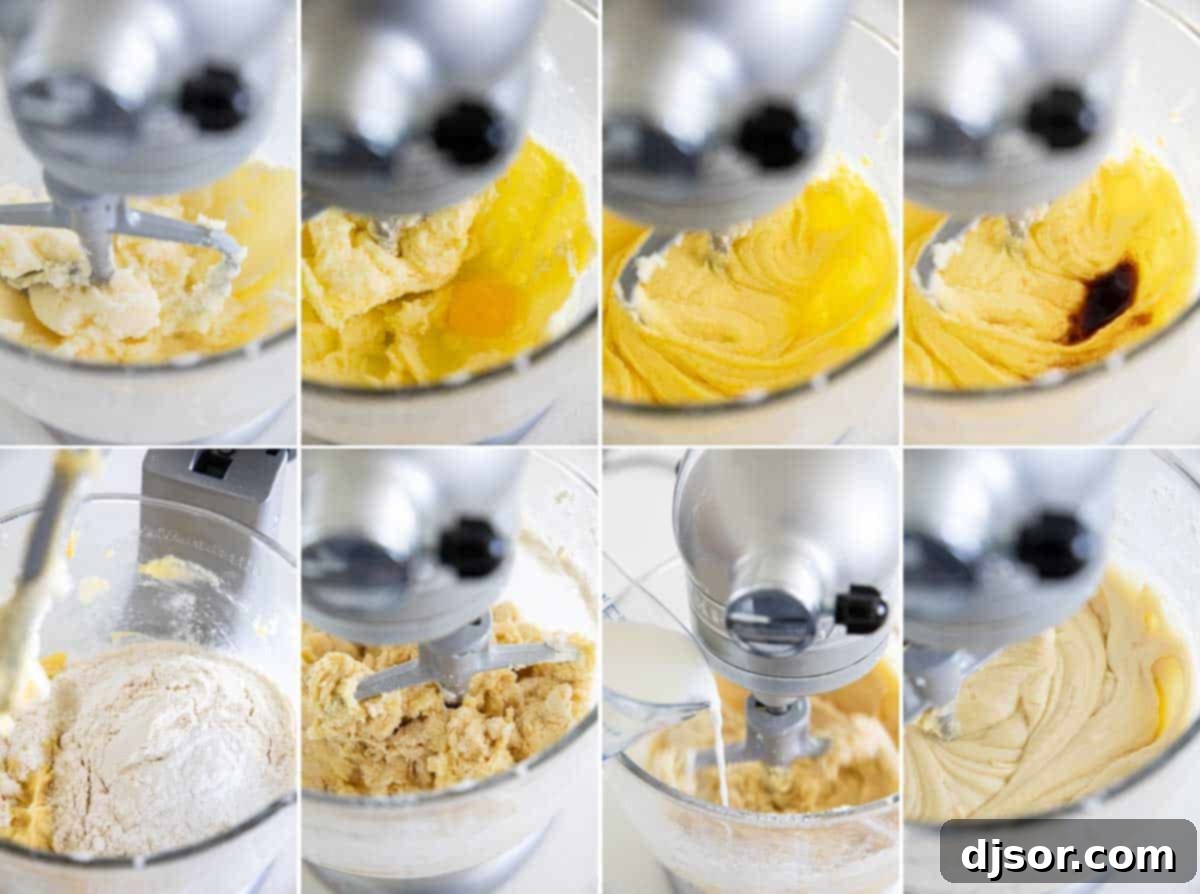 Step-by-step photos showing the process of making a white cake batter.