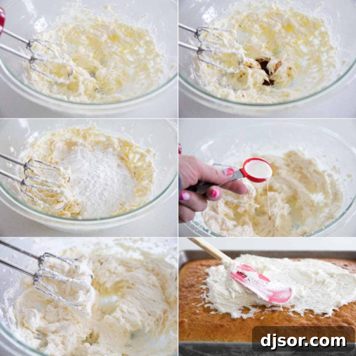 Steps showing butter being creamed, powdered sugar being added, and finished buttercream frosting in a bowl.