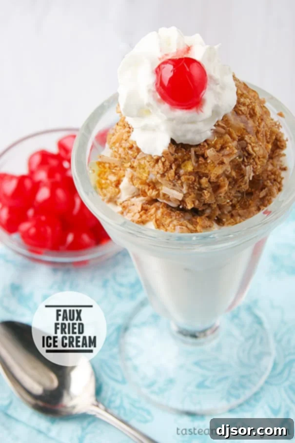 No-Fry Fried Ice Cream 2 Delicious Faux Fried Ice Cream with honey and cherry garnish
