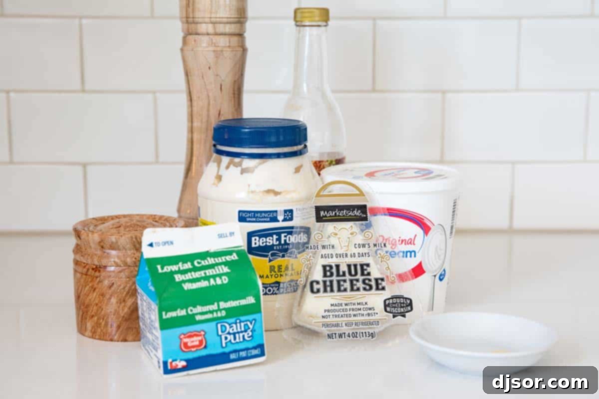 Tangy and creamy, this blue cheese dressing is better than bottled! Use it on a salad, serve it to dip with wings, or as a vegetable dipper. ingredients for blue cheese dressing