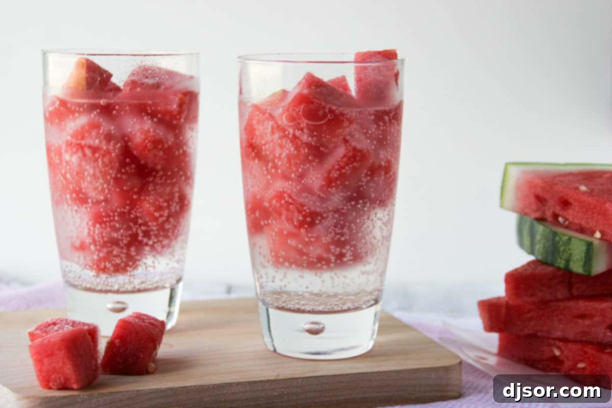 Watermelon Chill 2 Two glasses filled with watermelon ice cubes and a clear, bubbly sparkling beverage, perfect for a refreshing summer drink.