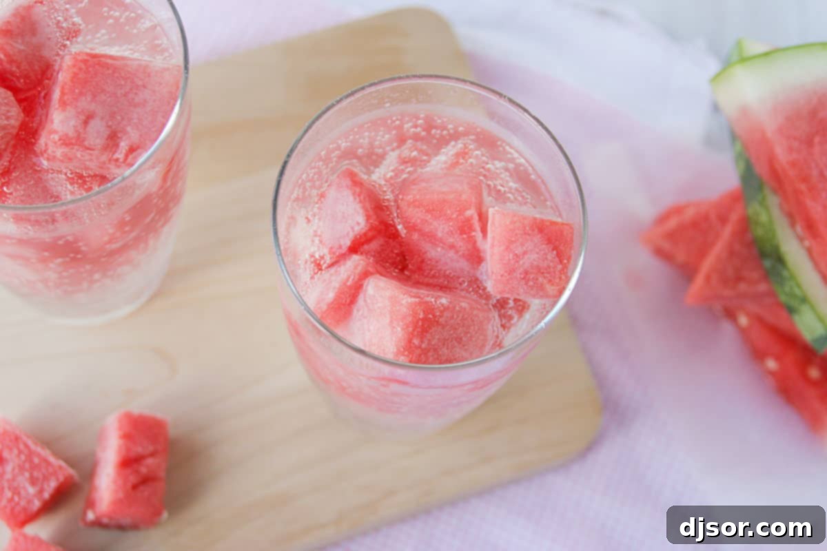 Watermelon Chill 4 Frozen watermelon cubes perfectly portioned in a glass, ready for a drink.