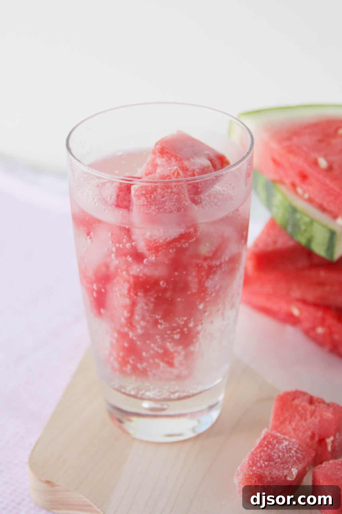 Watermelon Chill 5 A tall glass filled with watermelon ice and sparkling water, garnished with a fresh watermelon slice, creating an inviting summer drink.