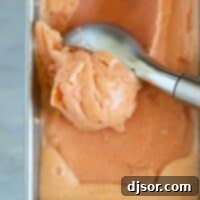 Sun-Kissed Peach Freeze 11 scooping peach frozen yogurt from a metal pan