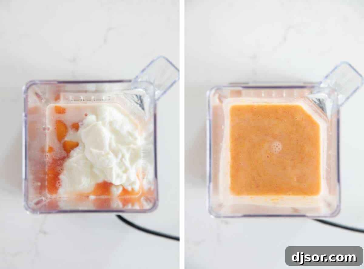 Sun-Kissed Peach Freeze 6 blending the ingredients together for peach frozen yogurt