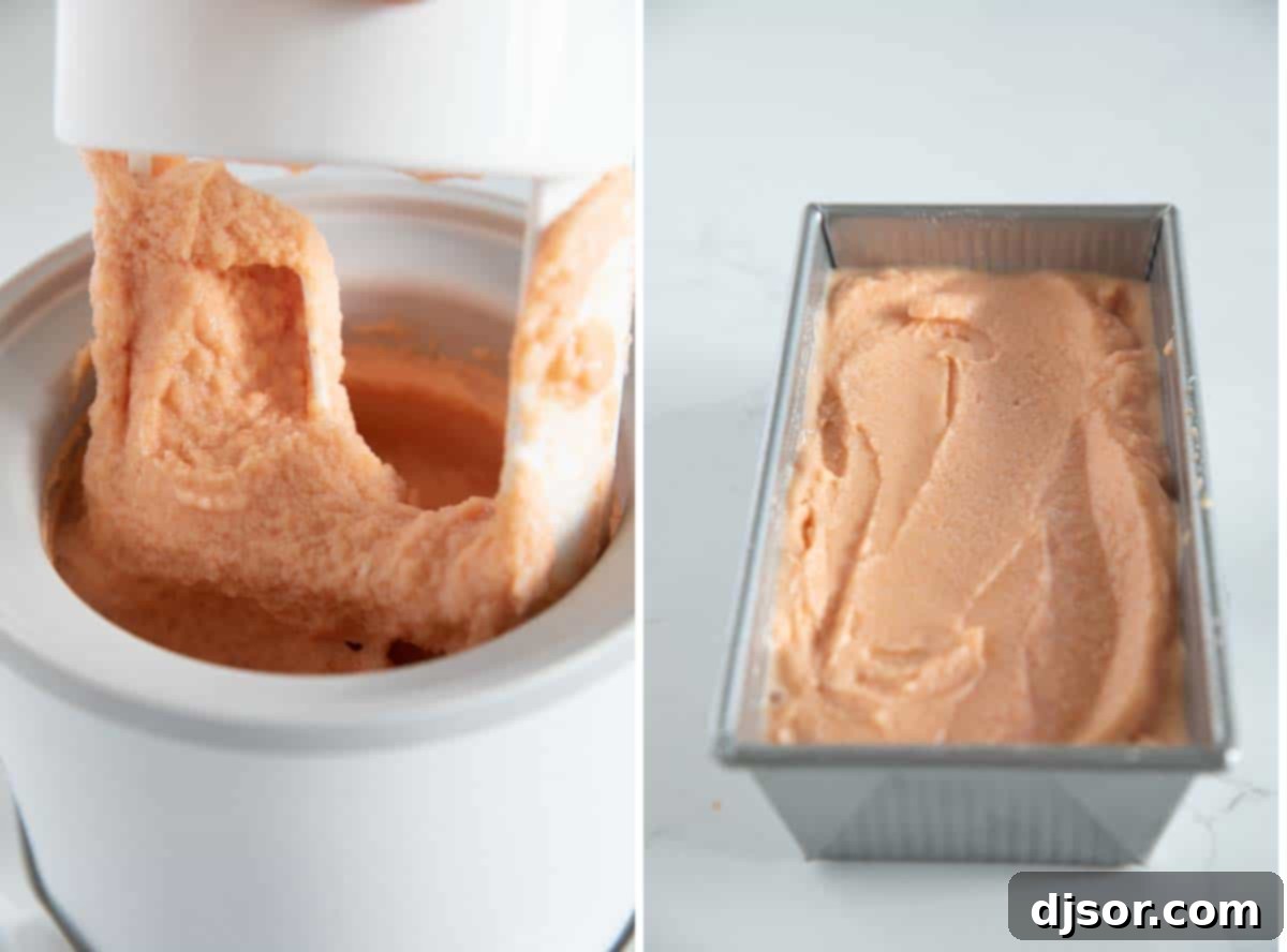 Sun-Kissed Peach Freeze 7 peach frozen yogurt in an ice cream maker and in a dish to be frozen
