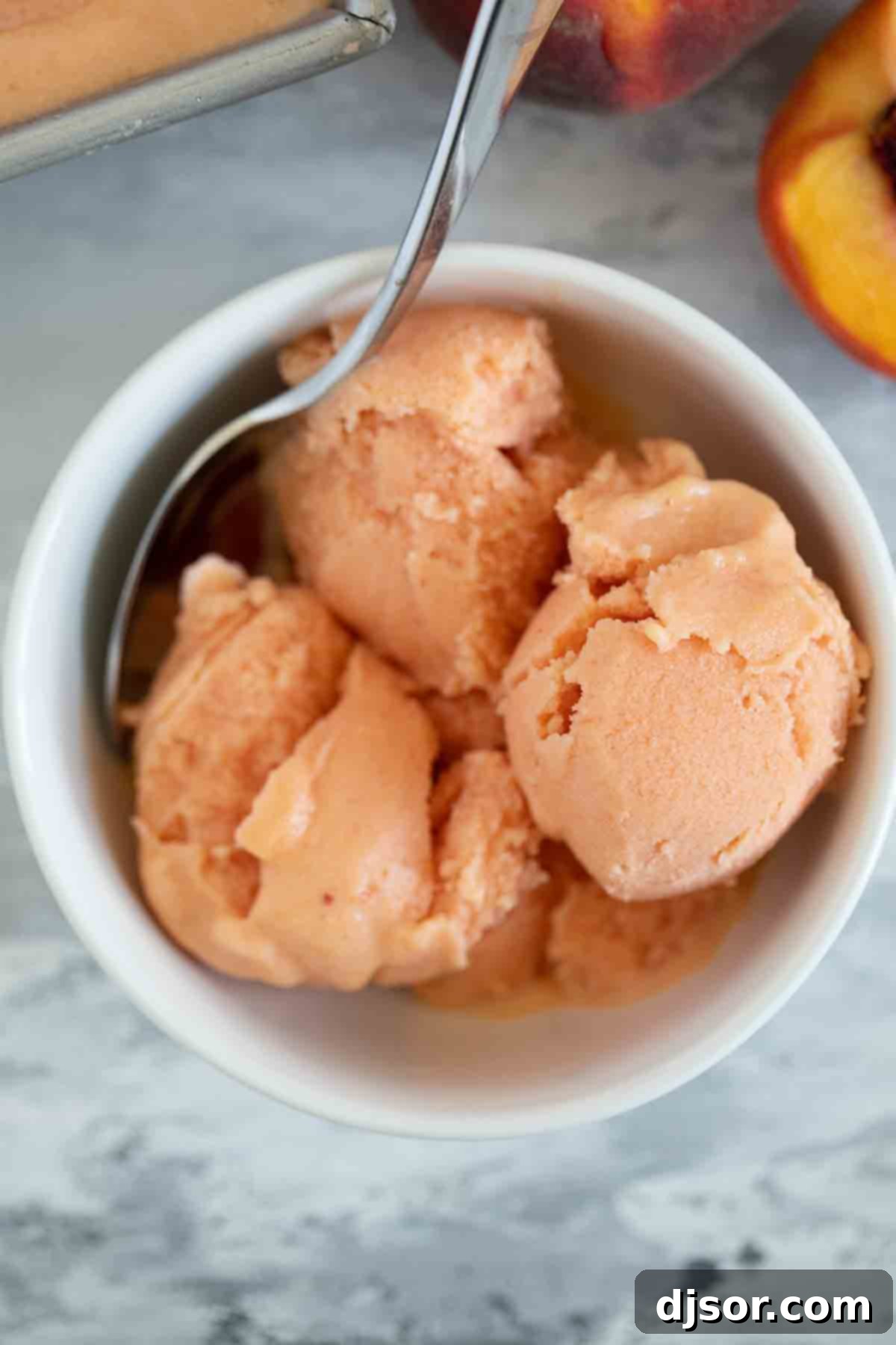 Sun-Kissed Peach Freeze 10 scoops of Peach Frozen Yogurt in a bowl