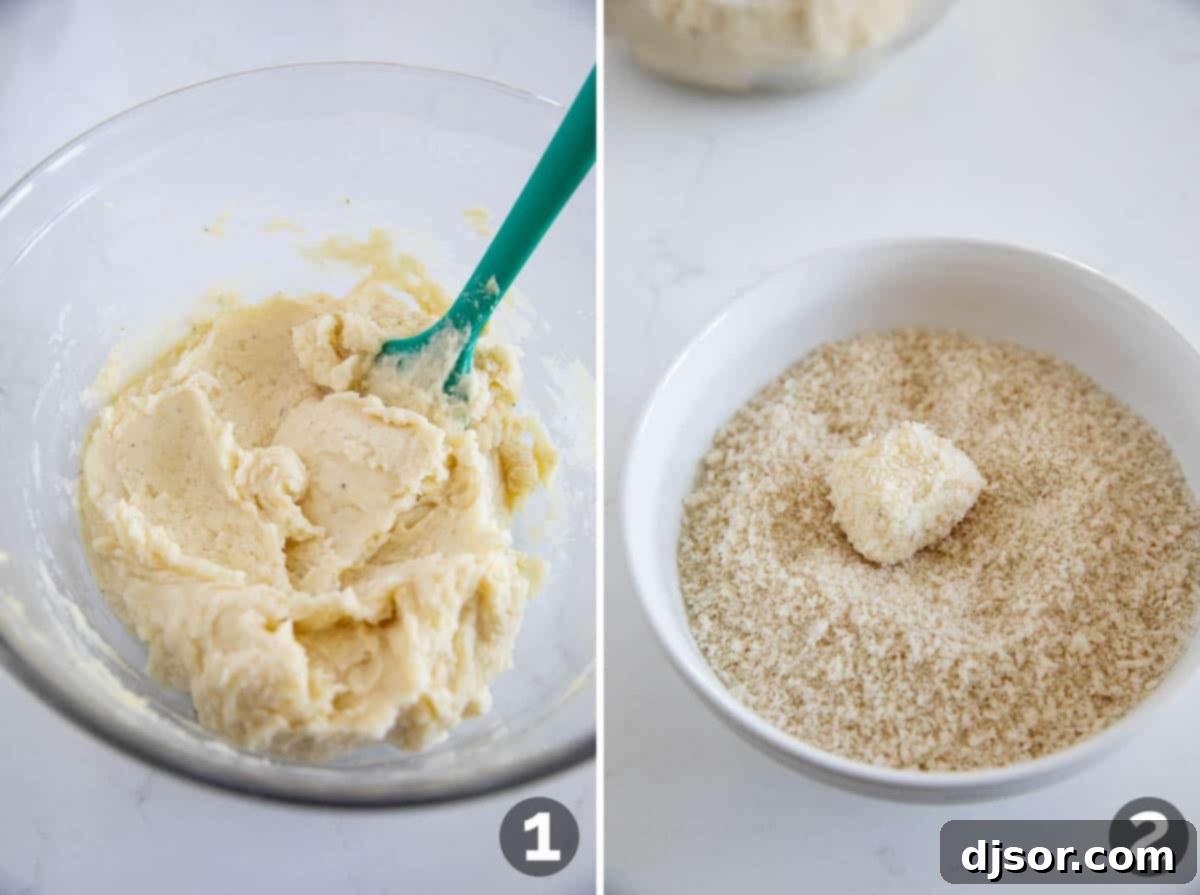 A photo collage showing the process of making homemade tater tots, including mixing the mashed potato mixture and rolling the mixture in panko bread crumbs.