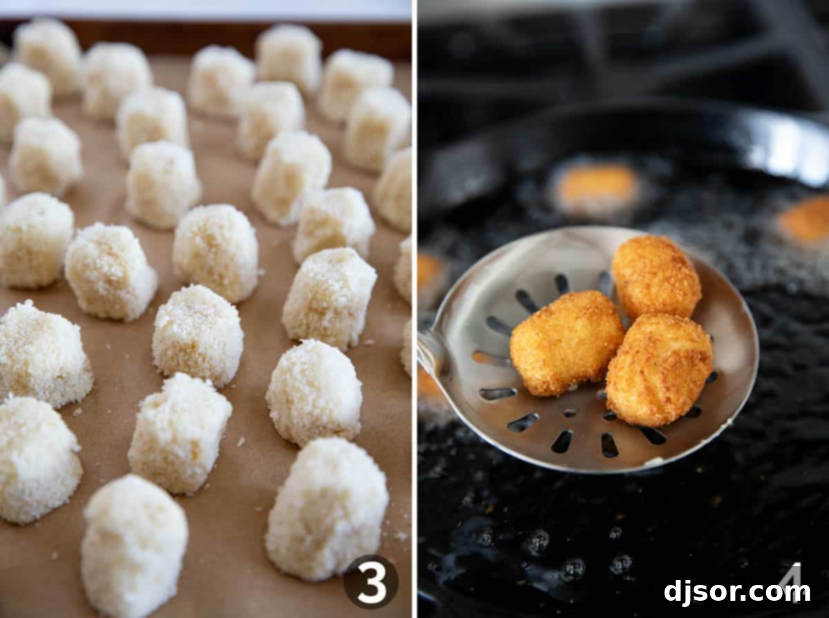 A photo collage showing the shaped homemade tater tots ready for frying, and golden-brown cooked tater tots being removed from hot oil.
