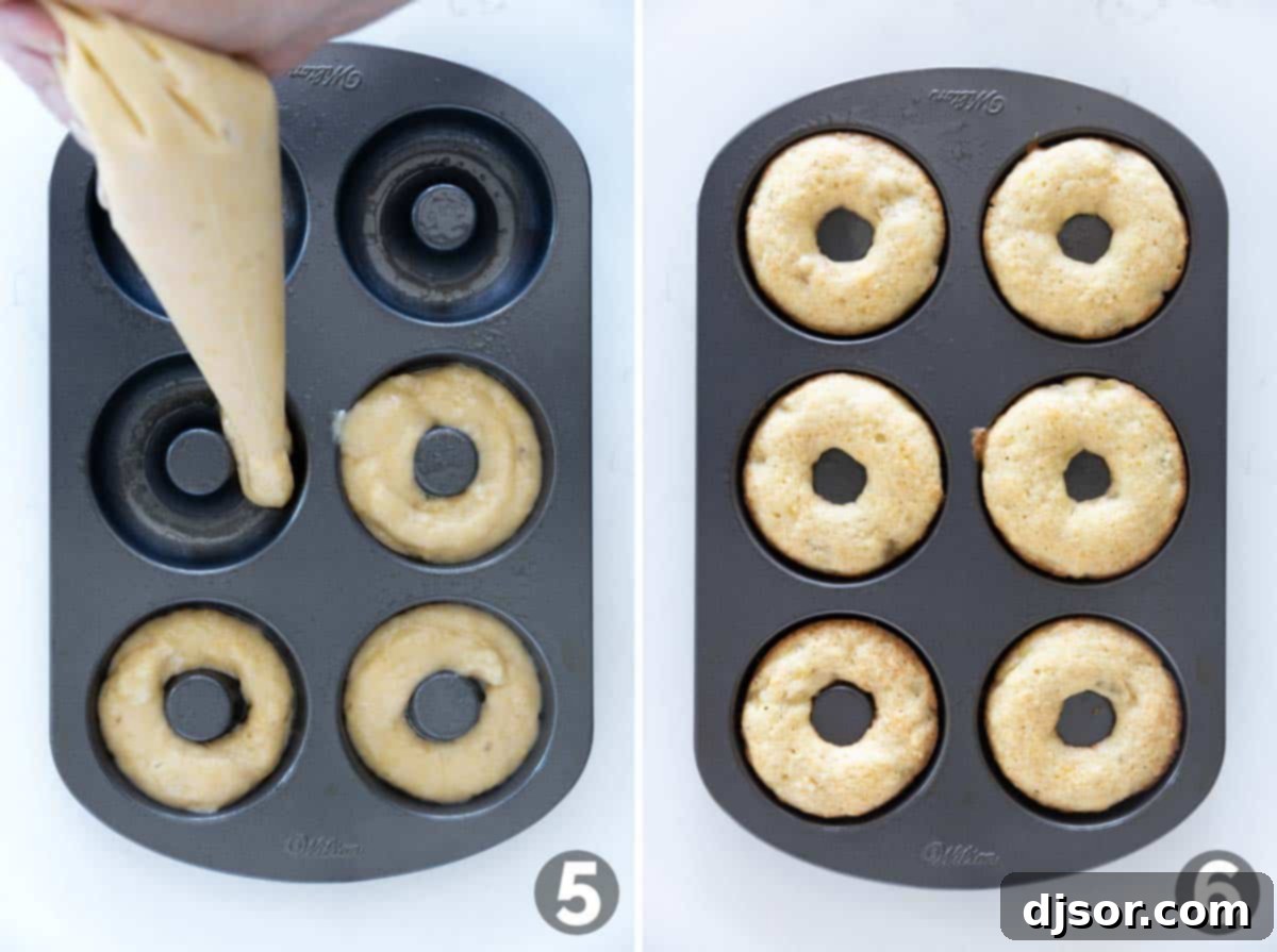 Filling a donut tray with donut batter and baking the donuts.