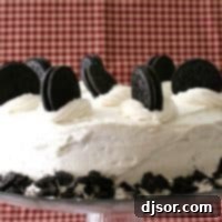 Rich Cookies and Cream Cake adorned with whole Oreo cookies and a creamy vanilla buttercream, set against a vibrant red background.