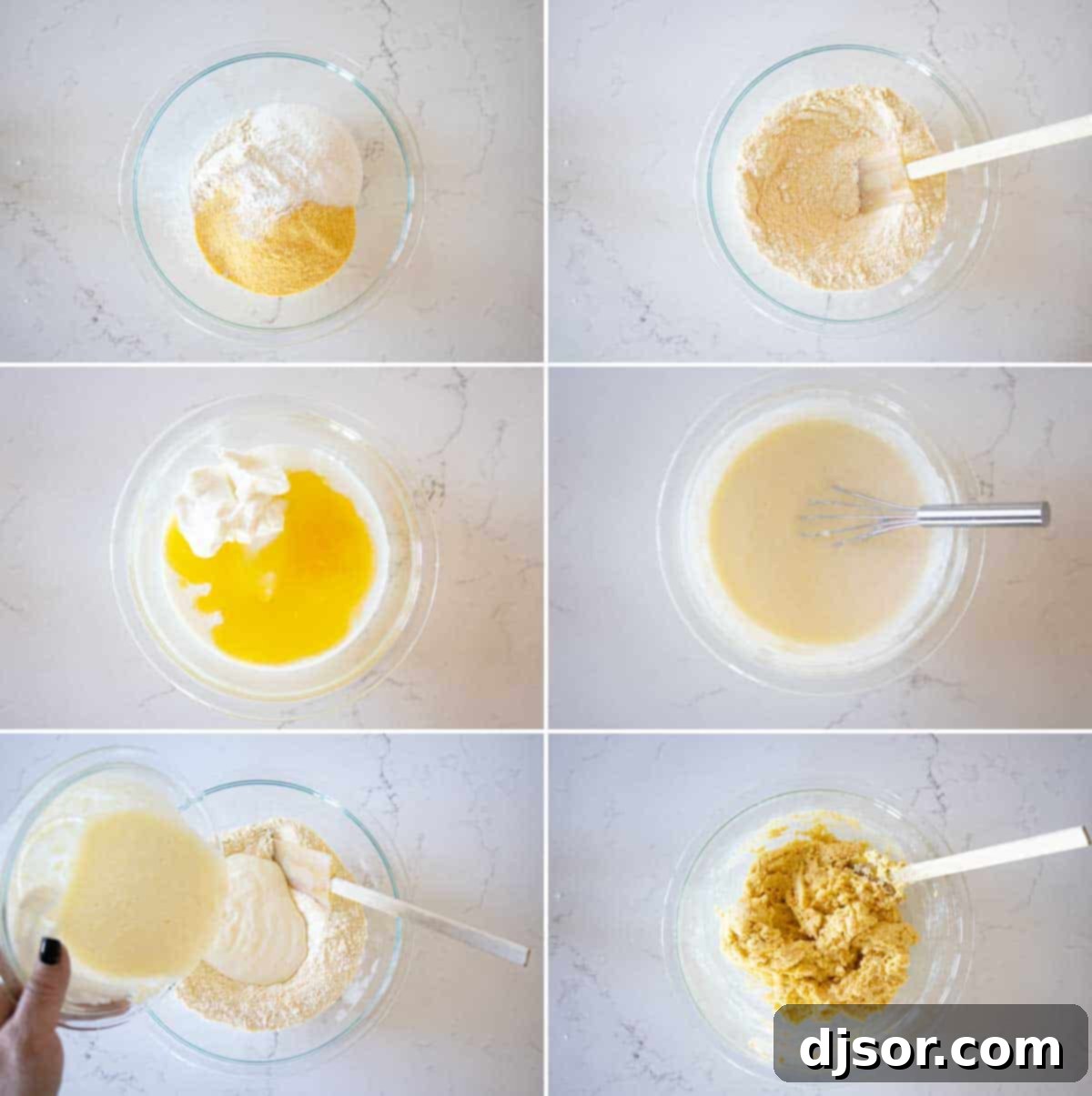 Easy Steps to Bake Perfect Corn Muffins A series of step-by-step images showing the process of mixing ingredients and preparing corn muffin batter in a baking tin.