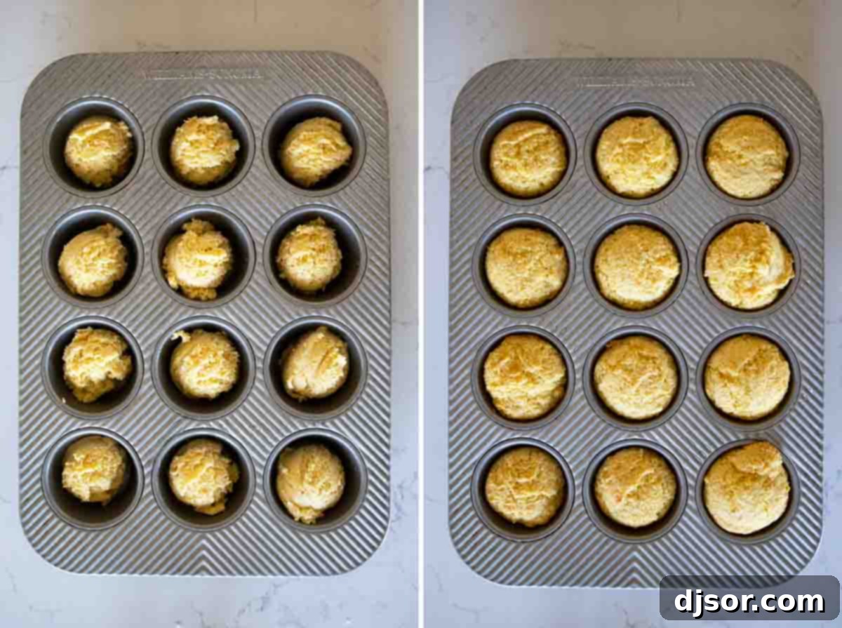 From Batter to Golden: The Magic of Baking Corn Muffins A muffin tin containing corn muffins, some unbaked batter and some golden-brown, freshly baked muffins, illustrating the transformation.