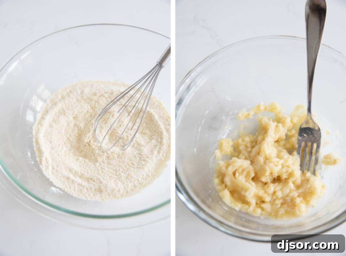 Prepping Dry Ingredients and Mashing Bananas Hands are busy in the kitchen, one whisking dry ingredients in a large bowl, and another mashing ripe bananas in a separate bowl with a fork, preparing for banana waffles.