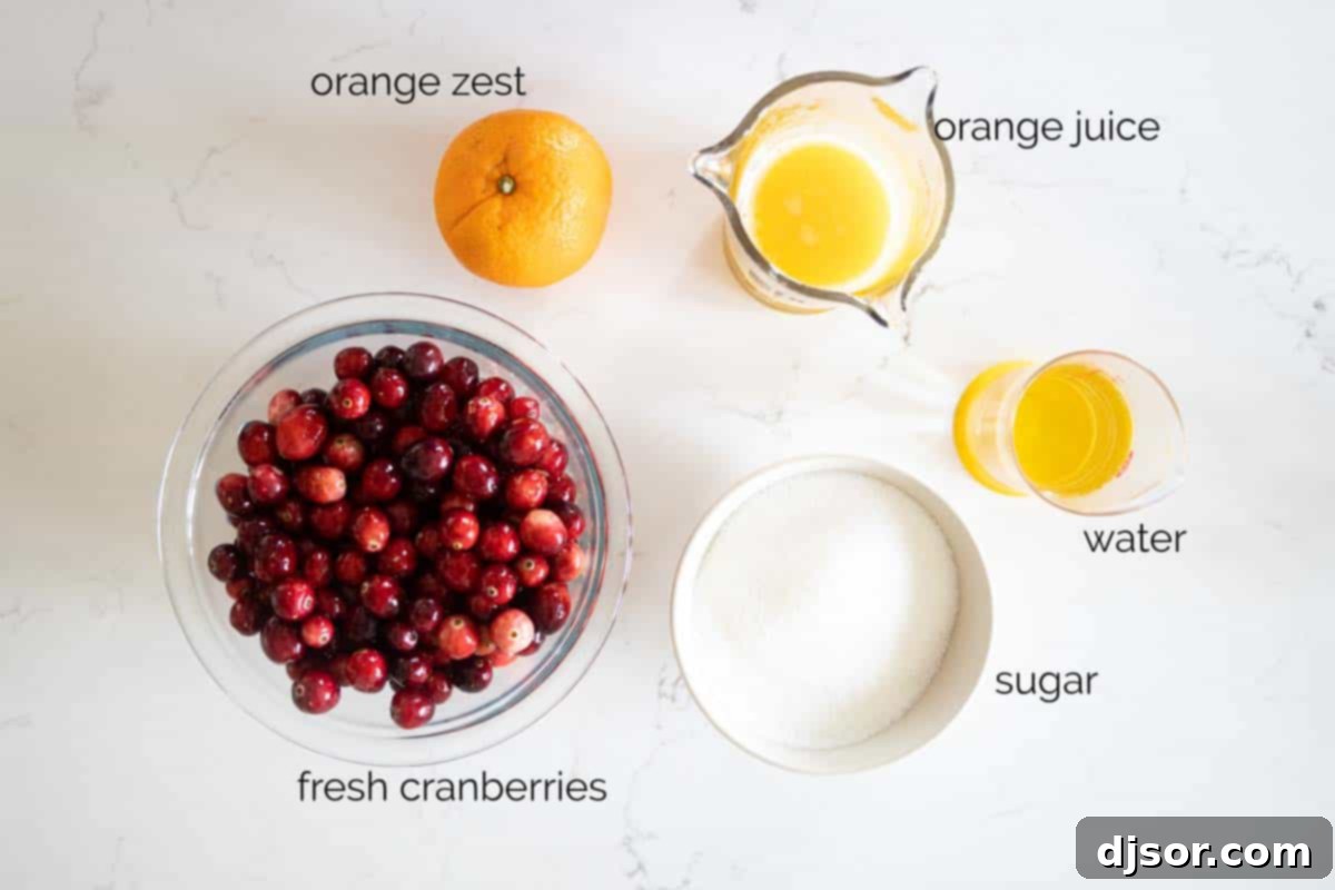 Essential ingredients laid out on a clean surface for making fresh orange cranberry sauce from scratch.