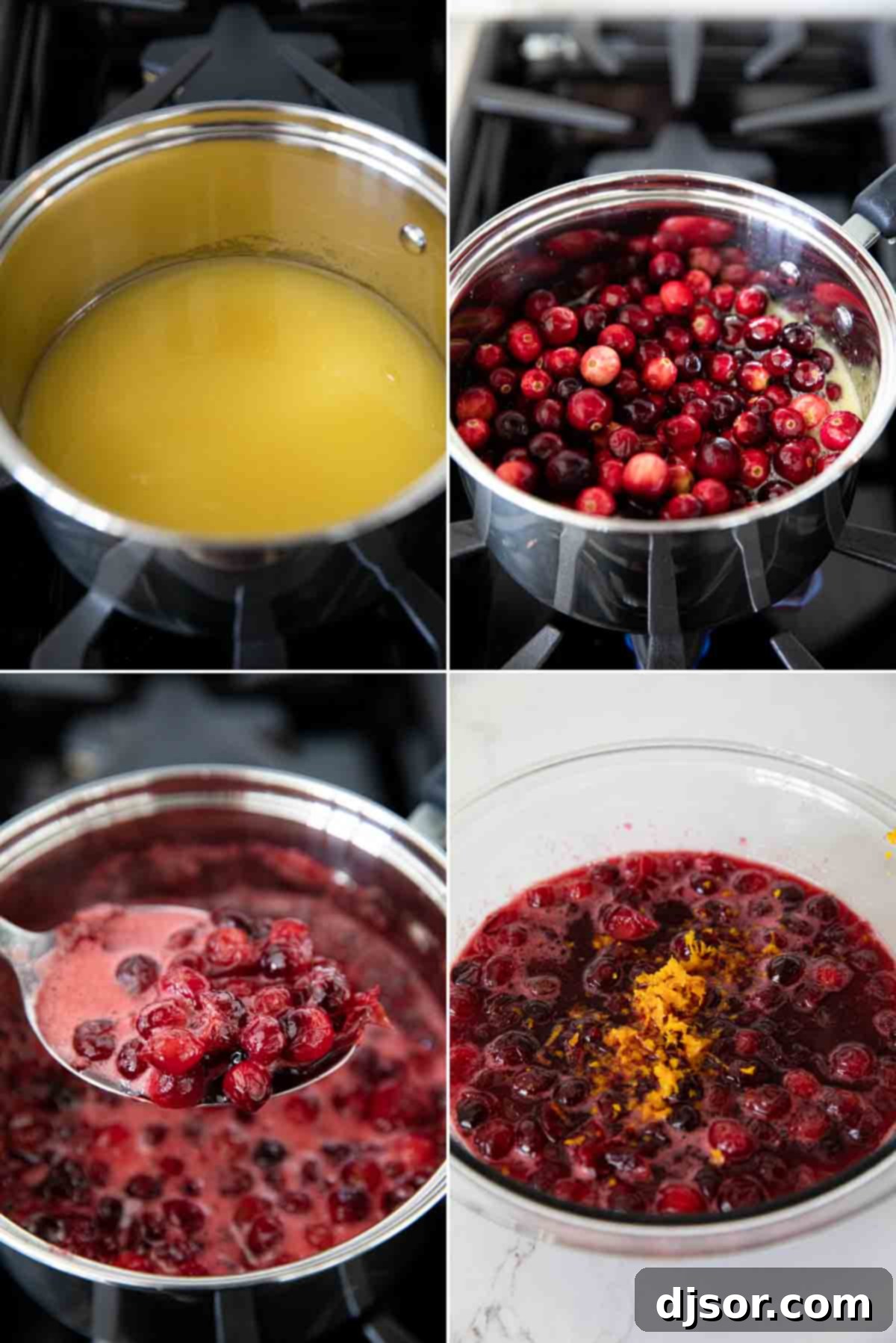 A step-by-step visual guide showing the process of cooking homemade cranberry sauce in a saucepan.