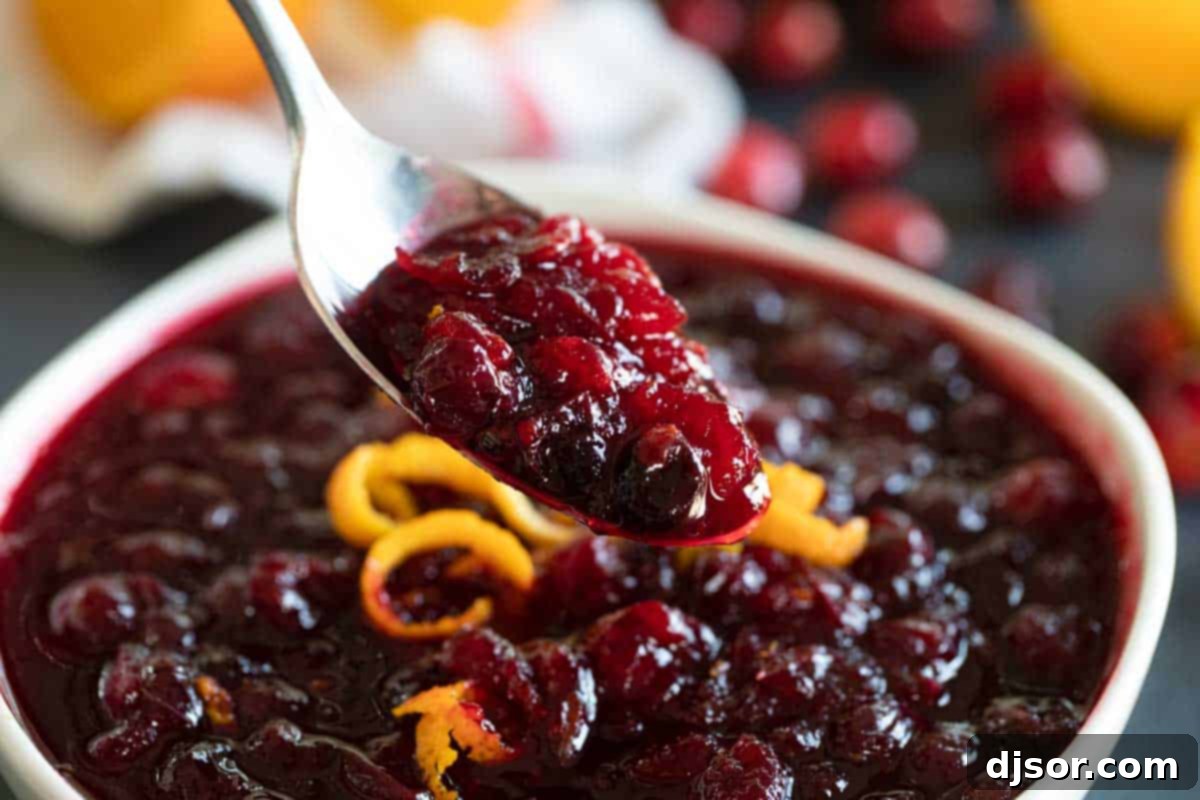 A spoon overflowing with glossy, ruby-red homemade cranberry sauce, ready to be enjoyed.