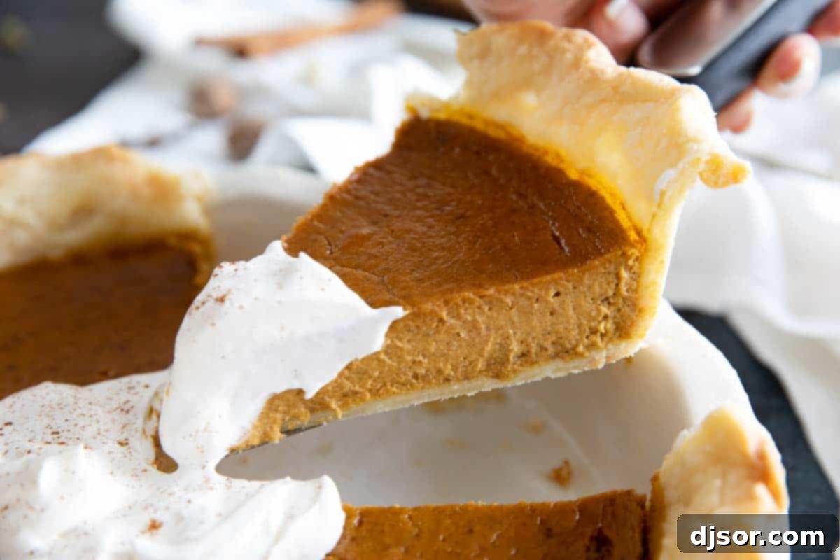 A traditional holiday pie, this classic Pumpkin Pie is filled with warm spices and is super easy to prepare. This pie is smooth and creamy and delicious! slice of pumpkin pie being taken from a pie dish