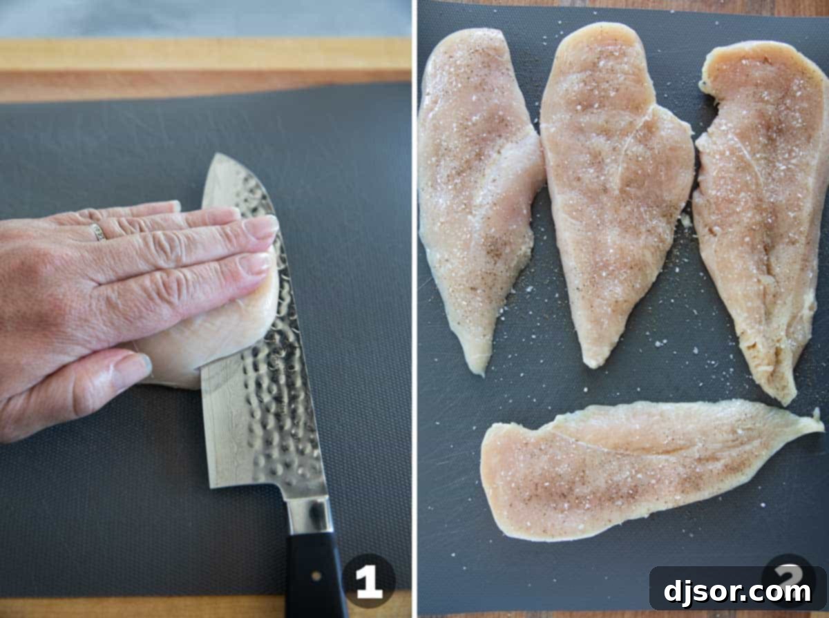 A chef's knife carefully slicing a chicken breast horizontally to create thinner cutlets for even cooking and optimal crispiness.