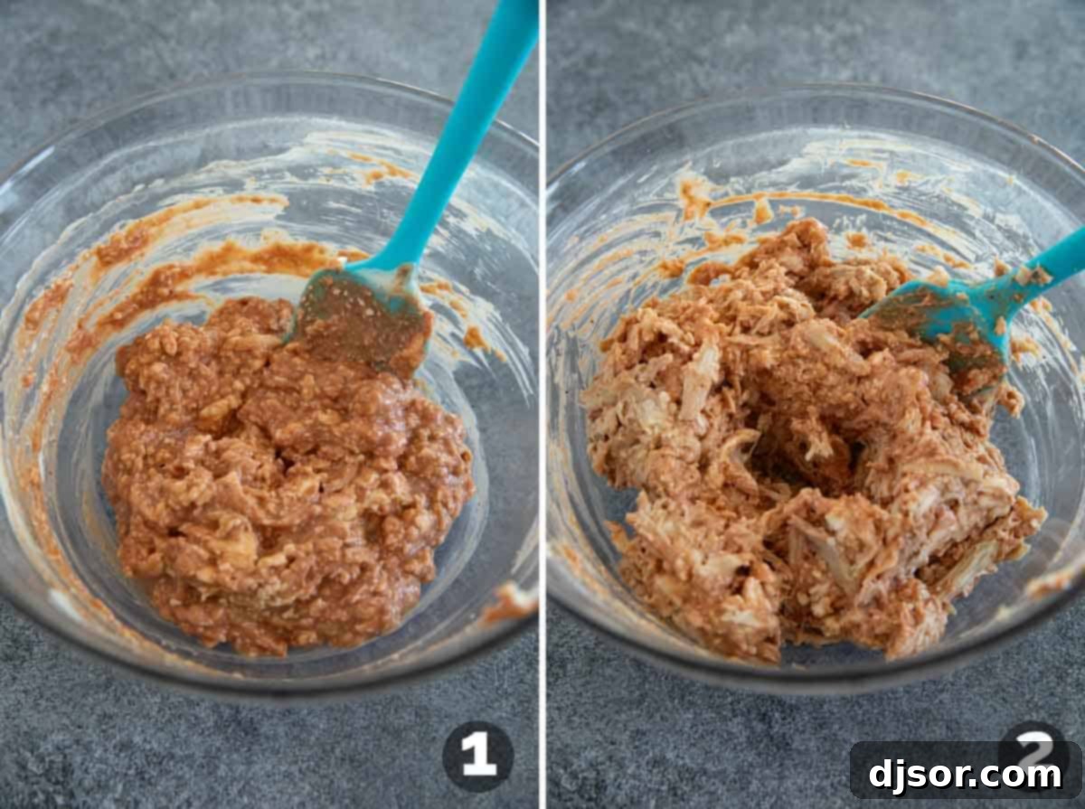 Mixing ingredients for BBQ Chicken Dip then adding in shredded chicken.