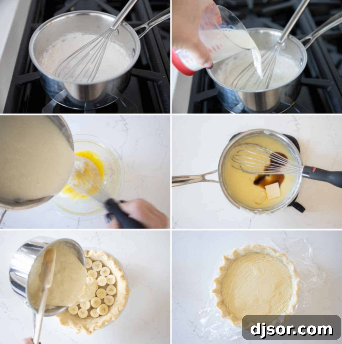 Step-by-step process images showing how to prepare the creamy vanilla filling for Banana Cream Pie.