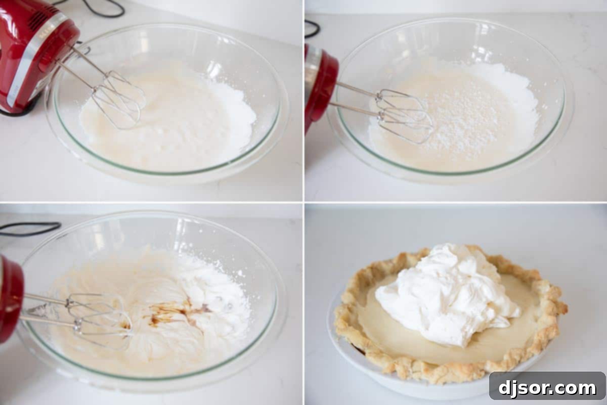 A close-up of heavy cream being whipped into fluffy peaks, ready to top the Banana Cream Pie.