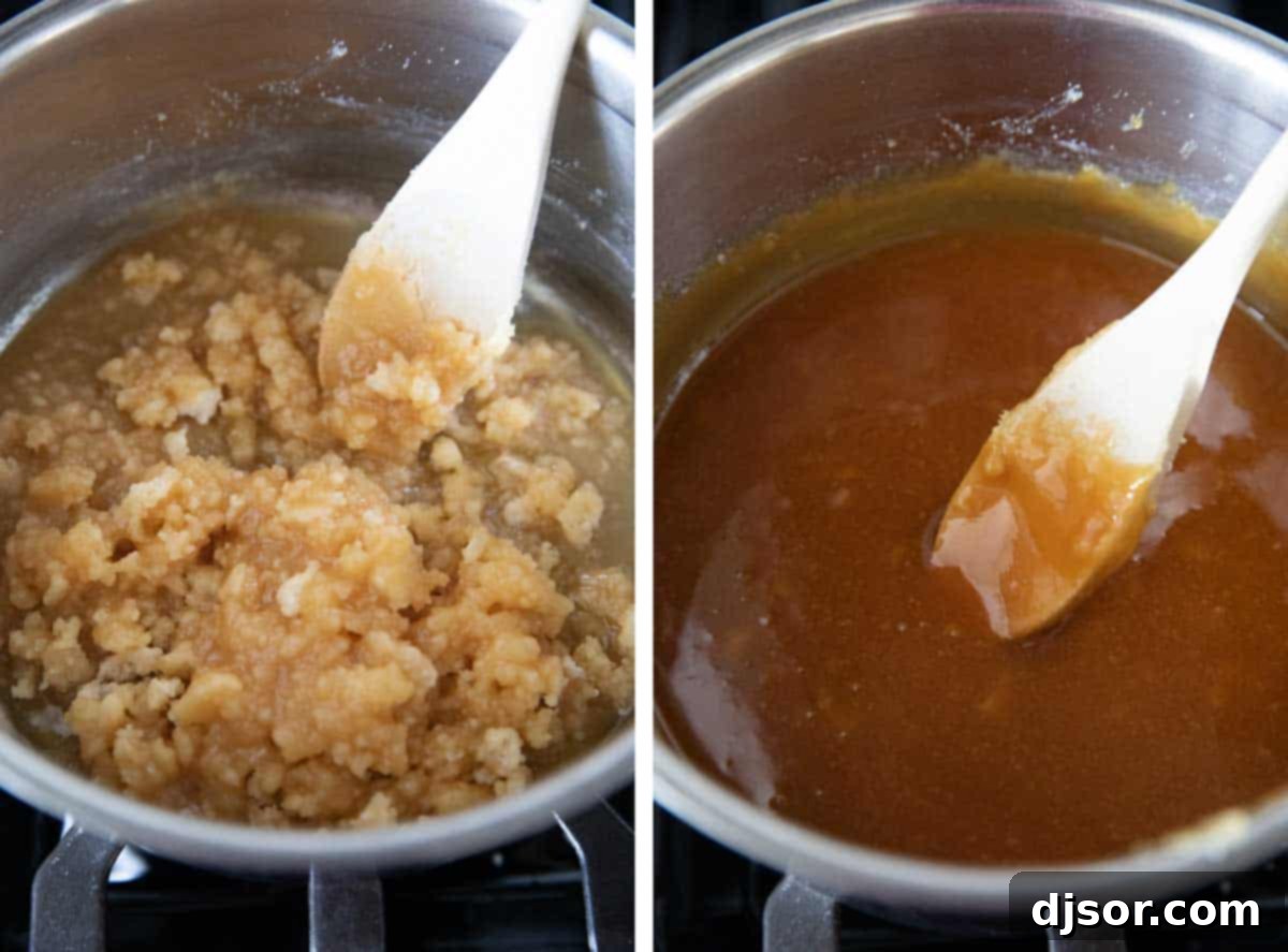 Two photos demonstrating the melting process of sugar: first, sugar clumping aggressively, then gradually transforming into a smooth, clear liquid caramel.