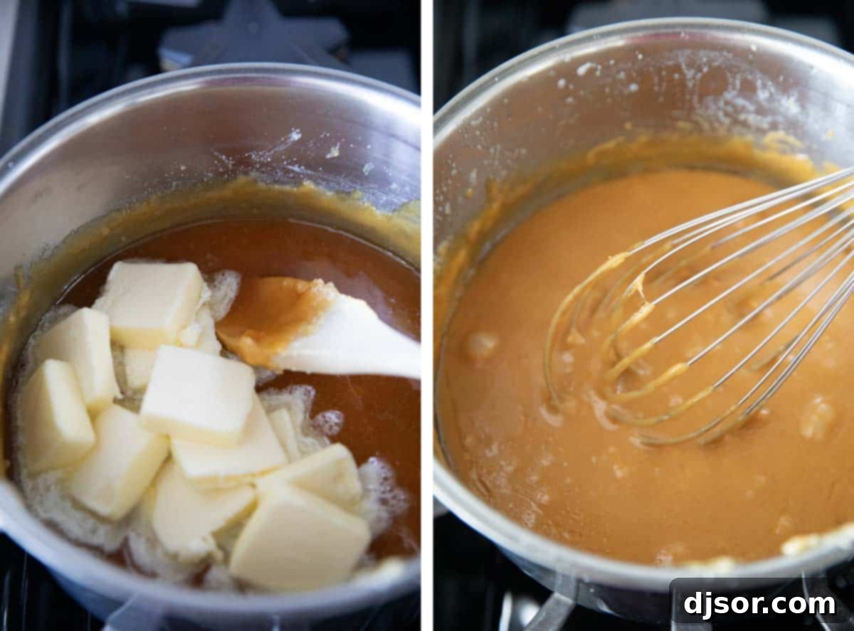 Two photos illustrating adding butter to hot caramel: first, cubed butter being stirred in, then the mixture being vigorously whisked until smooth and combined.