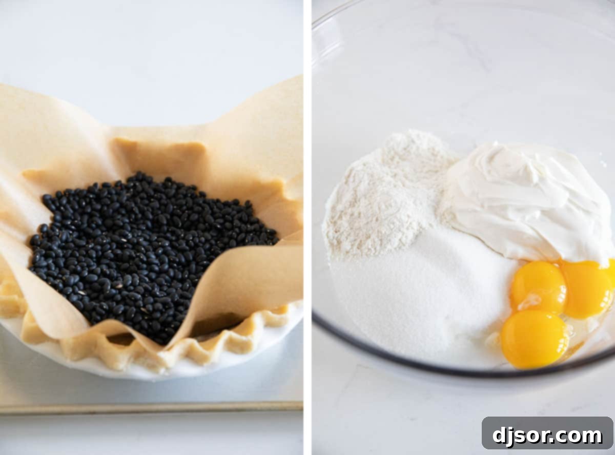 Blind baking a pie crust and prepping filling for sour cream peach pie.