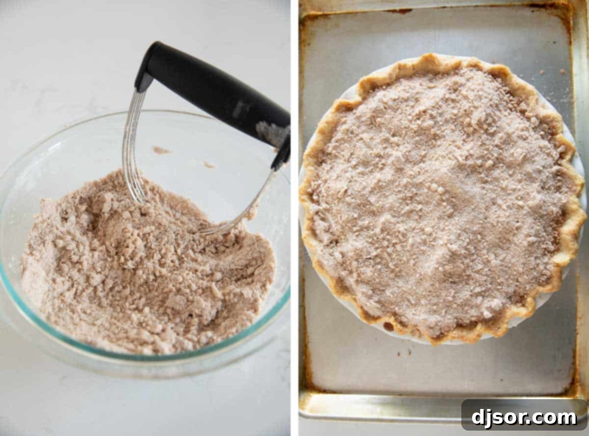 Making streusel topping for a sour cream peach pie.