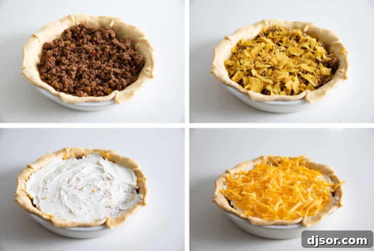 Layering the Taco Pie Filling steps for layering the filling ingredients into the taco pie crust