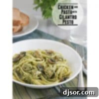 Green Goddess Chicken Pasta 2 Chicken and Pasta with Cilantro Pesto, topped with fresh cilantro sprigs.