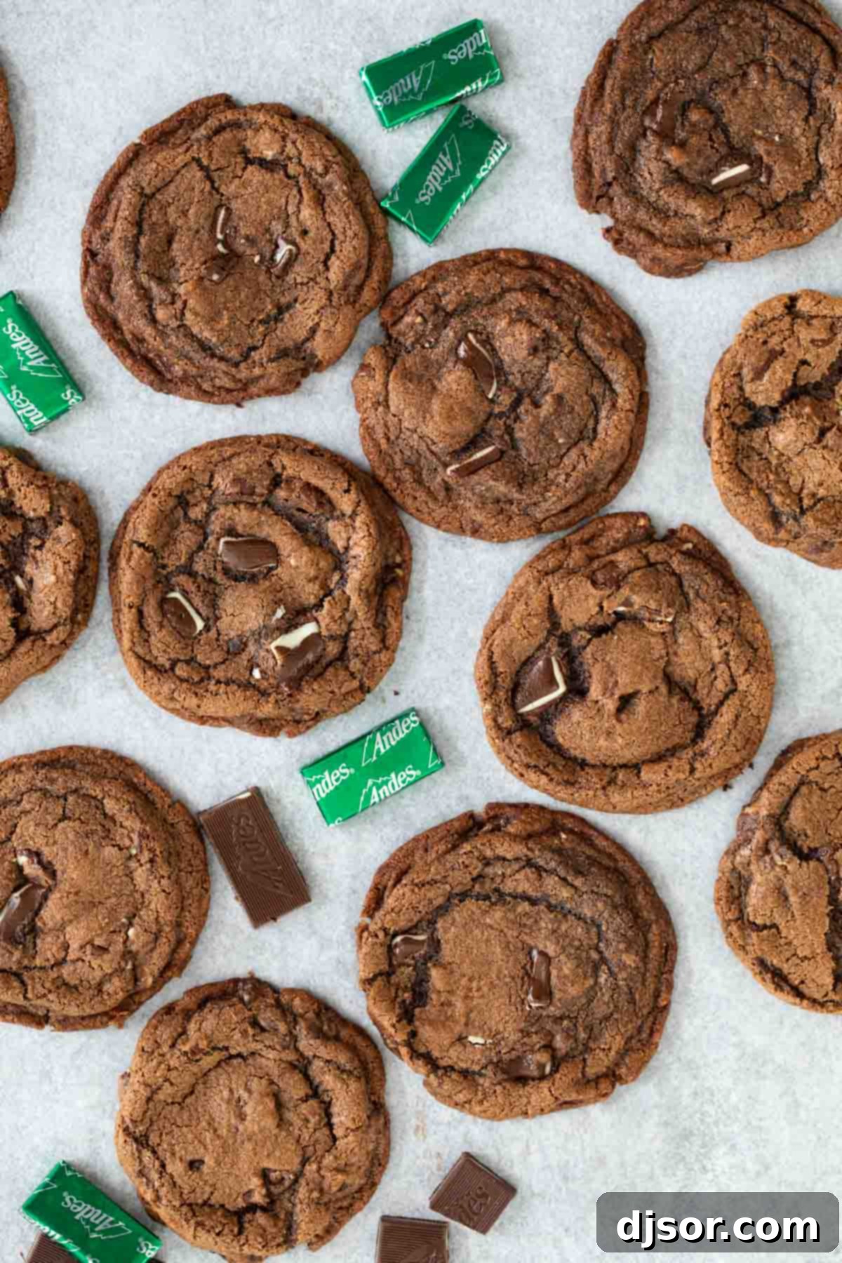 Mint Chocolate Delight 4 Freshly baked chocolate cookies studded with mint pieces cooling on a wire rack.
