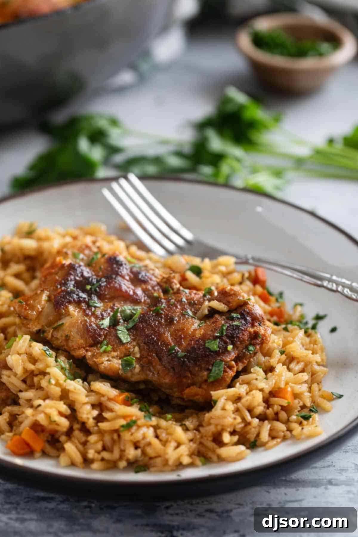 Golden Comfort: Chicken and Rice 9 A pristine white plate holding a serving of one-pan chicken and rice, featuring a golden-brown chicken thigh atop a bed of fluffy rice with visible carrots and a light sprinkle of fresh herbs.