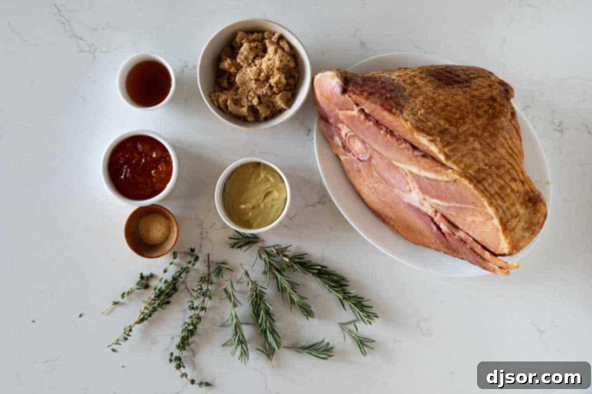 Gather your ingredients for the most flavorful Crock Pot Ham. A visual guide showing all the fresh and pantry ingredients needed to prepare a delicious Crock Pot Ham.
