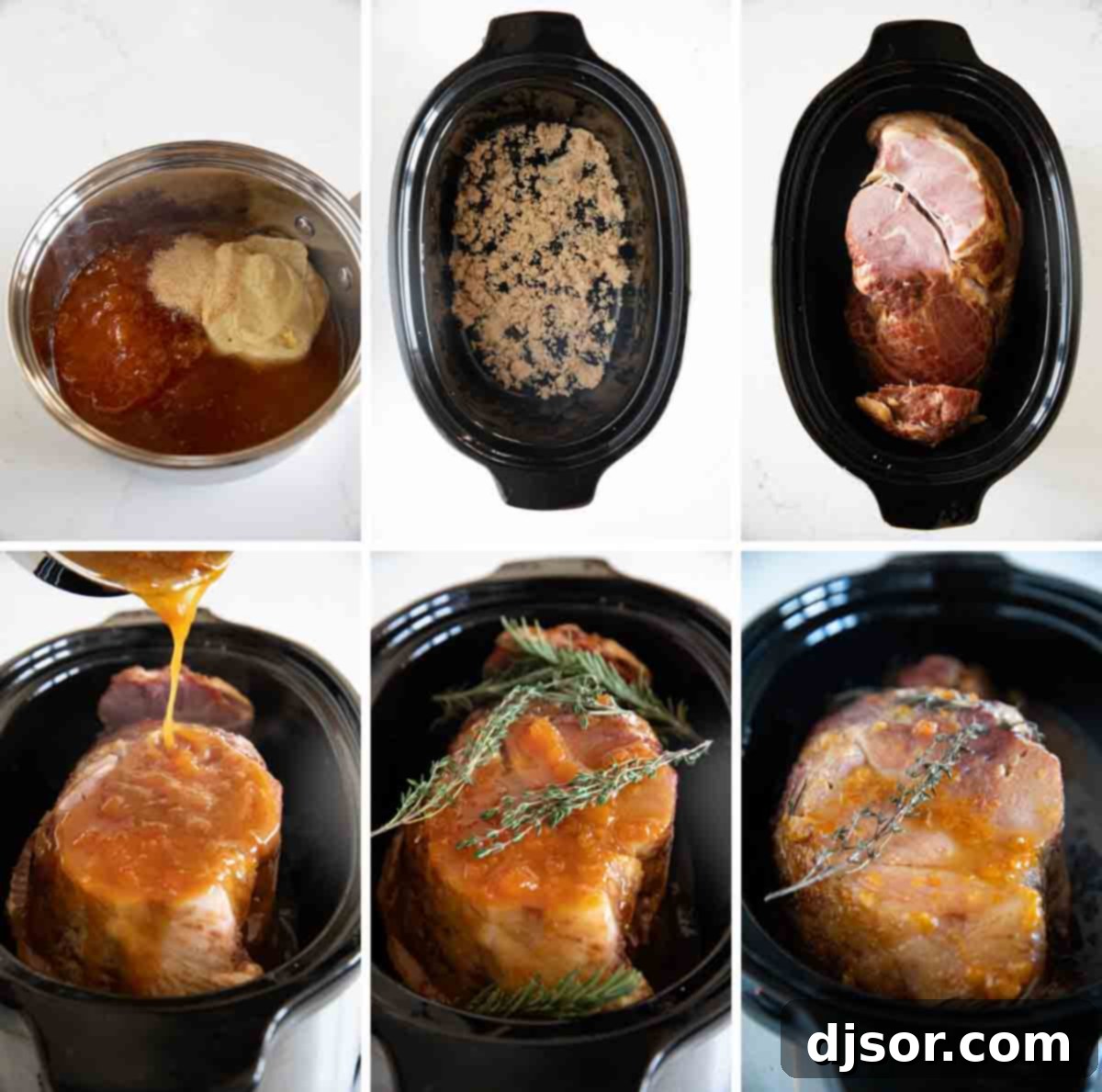 Follow these easy steps to make the best Crock Pot Ham. A step-by-step visual guide showing how to prepare and cook Crock Pot Ham, from mixing the glaze to placing it in the slow cooker.