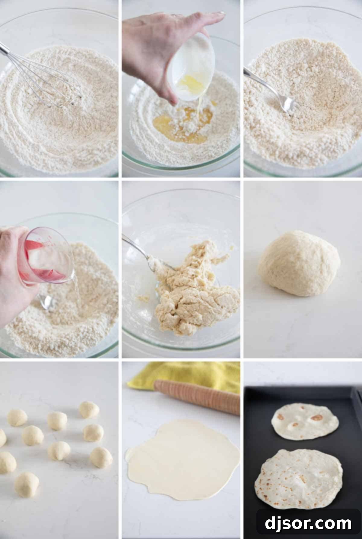 Steps showing how to make flour tortillas, from mixing to kneading.