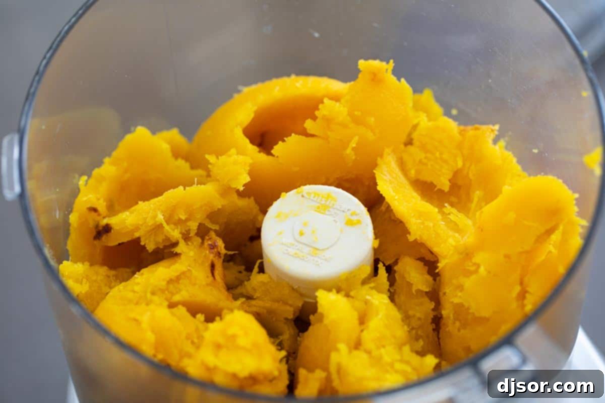 Scooped roasted pumpkin flesh being placed into a food processor