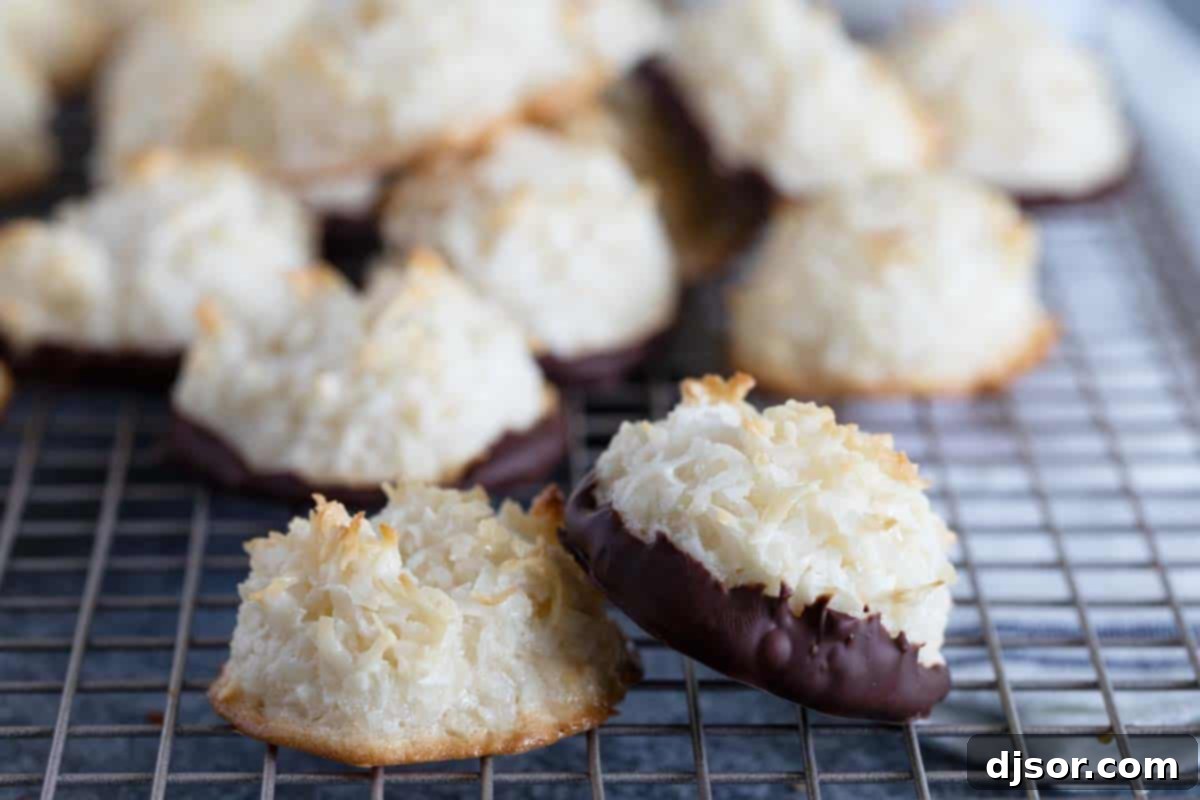 The Best Chewy Coconut Macaroons with Chocolate Dip Delicious homemade coconut macaroons, some dipped in rich dark chocolate, artfully arranged for serving.
